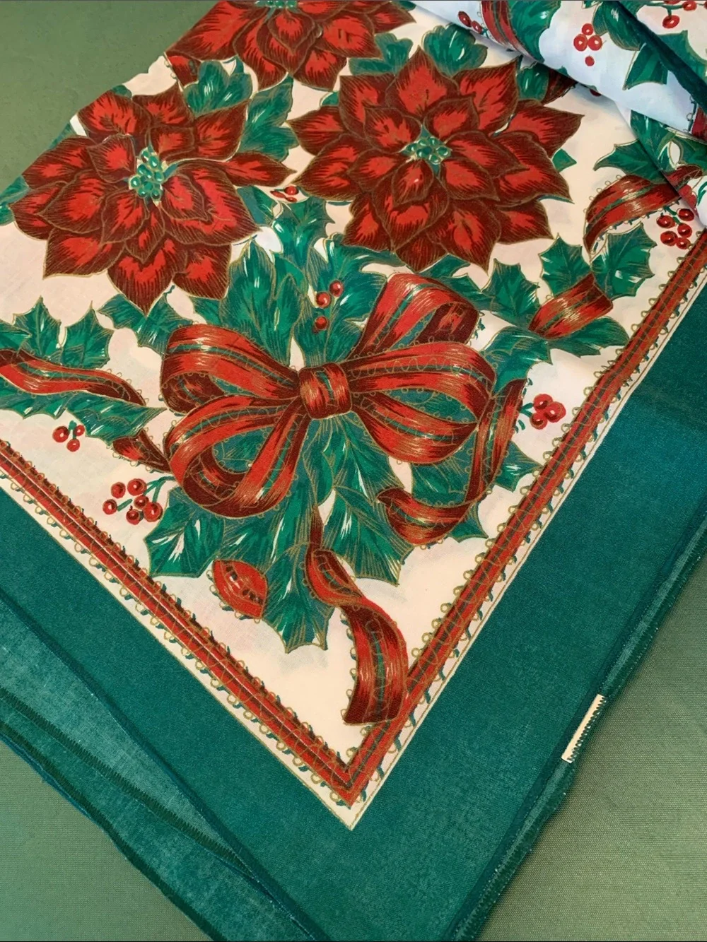 84” X 60” Holly & Poinsettia Linen Blend Christmas Tablecloth  Print Block